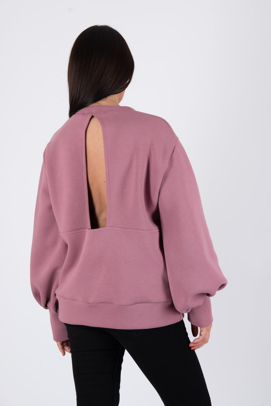 Ash Pink cotton fleece sweatshirt - puff sleeves, round neckline and back cut-out, Anji | EUG Fashion #ash-pink