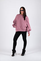 Ash Pink cotton fleece sweatshirt - puff sleeves, round neckline and back cut-out, Anji | EUG Fashion #ash-pink