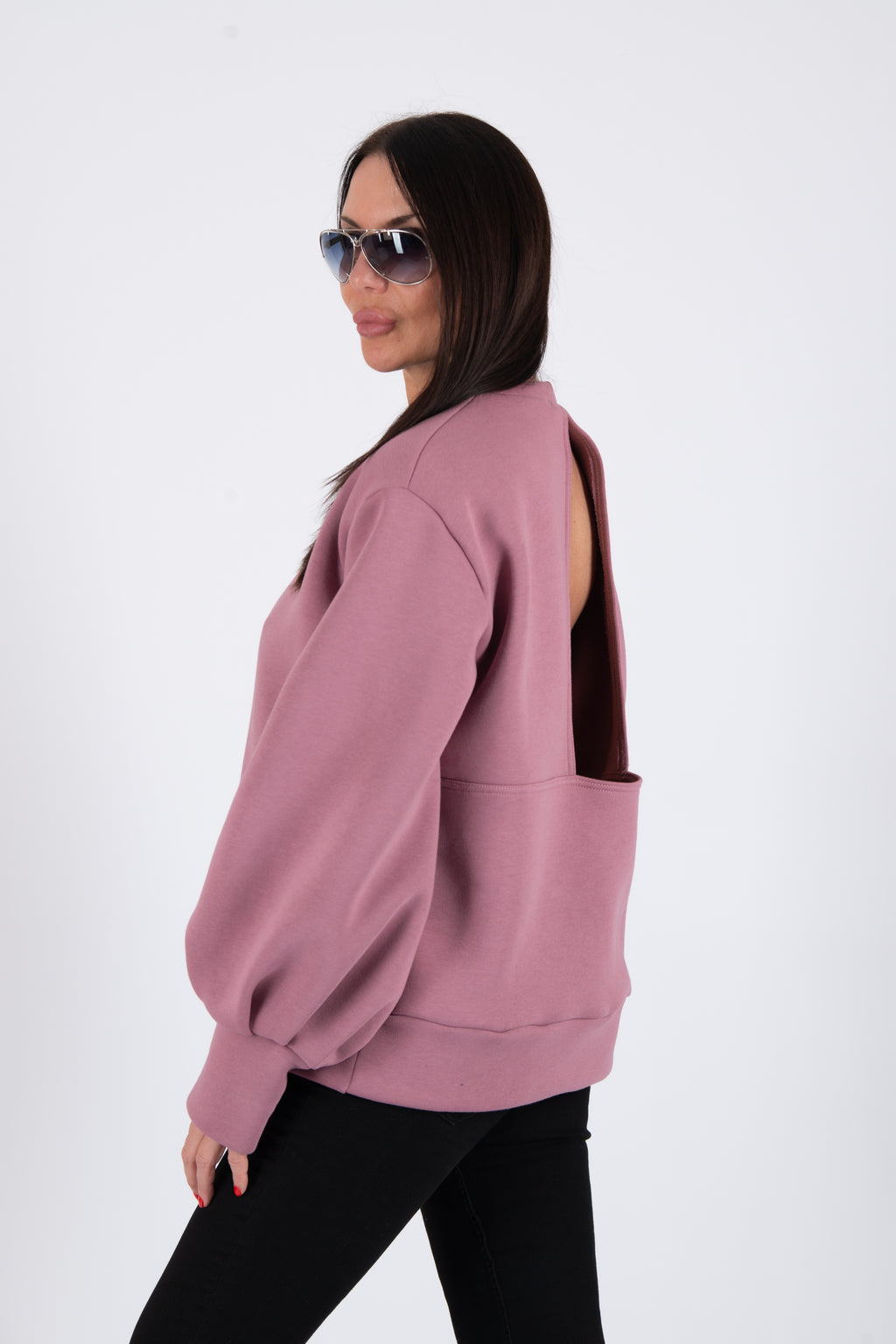 Ash Pink cotton fleece sweatshirt - puff sleeves, round neckline and back cut-out, Anji | EUG Fashion #ash-pink
