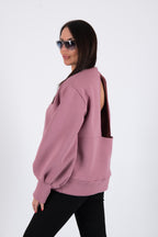 Ash Pink cotton fleece sweatshirt - puff sleeves, round neckline and back cut-out, Anji | EUG Fashion #ash-pink