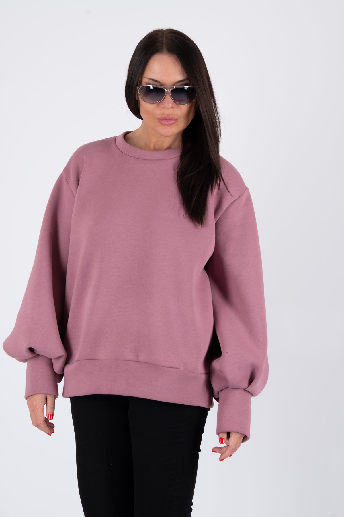 Ash Pink cotton fleece sweatshirt - puff sleeves, round neckline and back cut-out, Anji | EUG Fashion #ash-pink