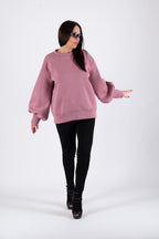 Ash Pink cotton fleece sweatshirt - puff sleeves, round neckline and back cut-out, Anji | EUG Fashion #ash-pink