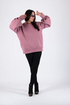 Ash Pink cotton fleece sweatshirt - puff sleeves, round neckline and back cut-out, Anji | EUG Fashion #ash-pink