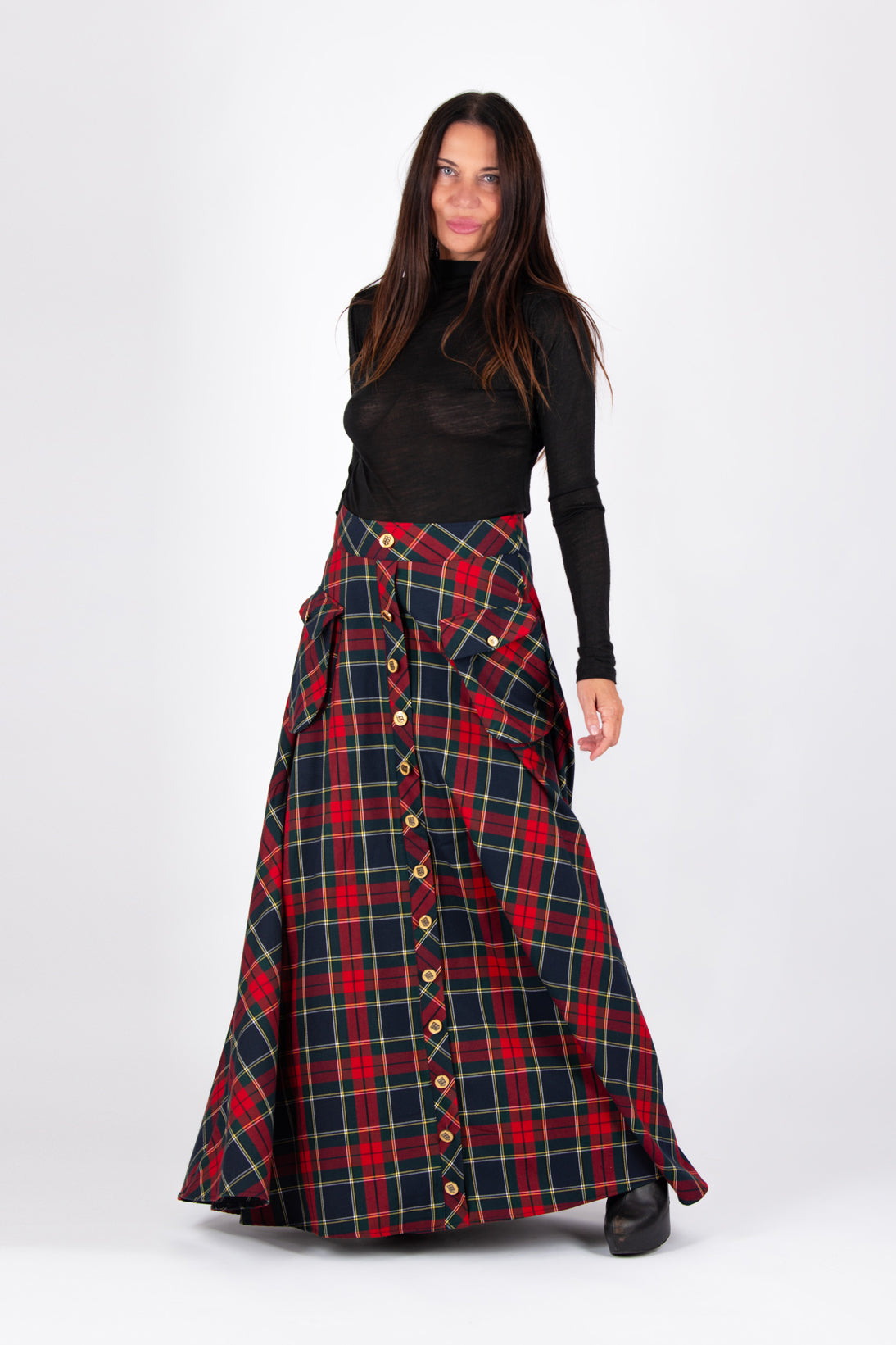 Red plaid A-line maxi skirt Katya with gold buttons and cargo pockets - EUG Fashion #plaid
