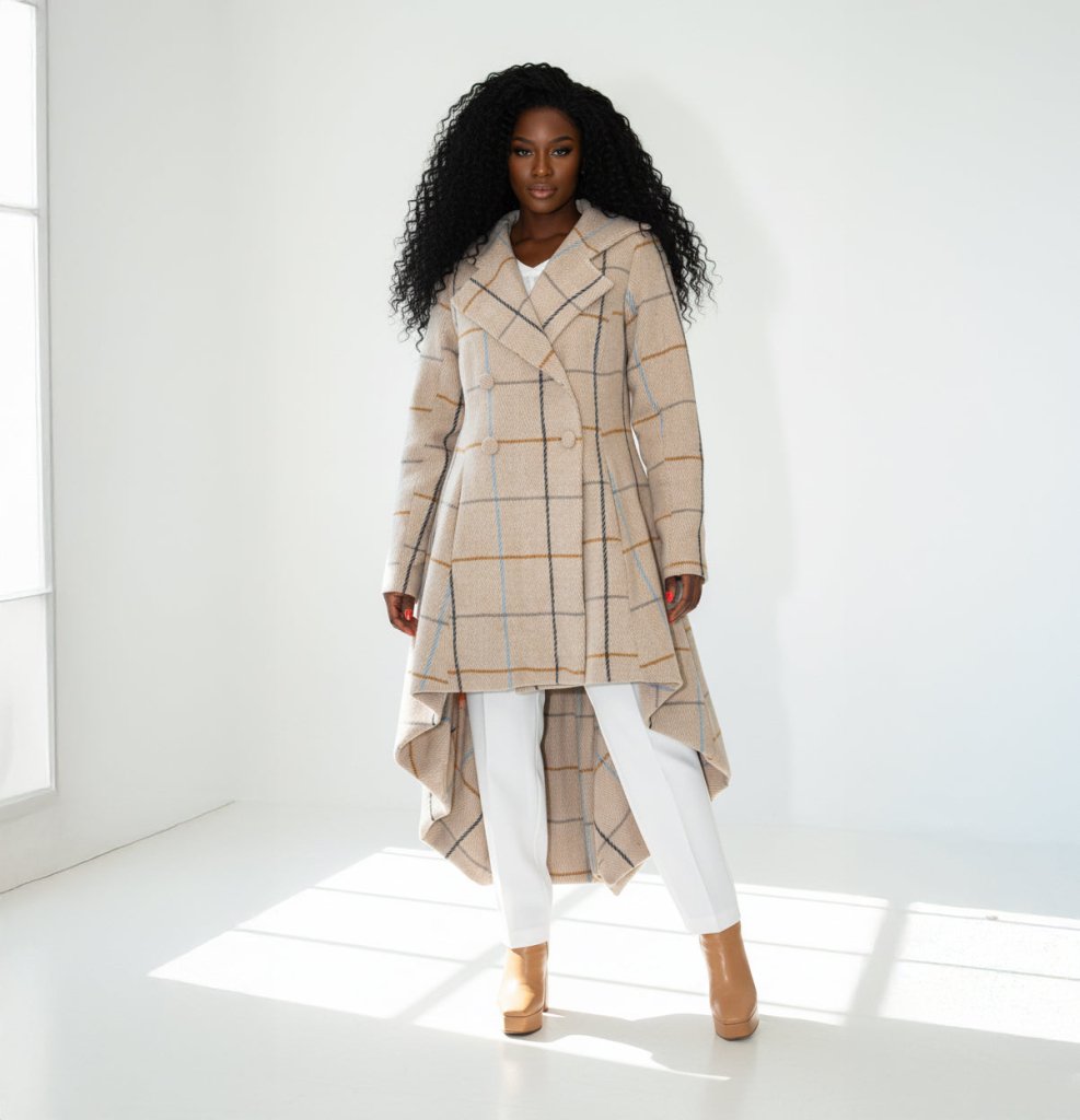 Plaid High - Low Coat, Double - Breasted Asymmetrical Fit Albena - EUG Fashion EugFashion 