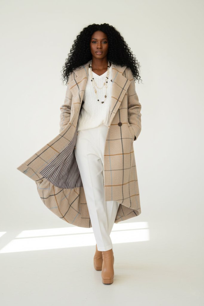 Plaid High - Low Coat, Double - Breasted Asymmetrical Fit Albena - EUG Fashion EugFashion 