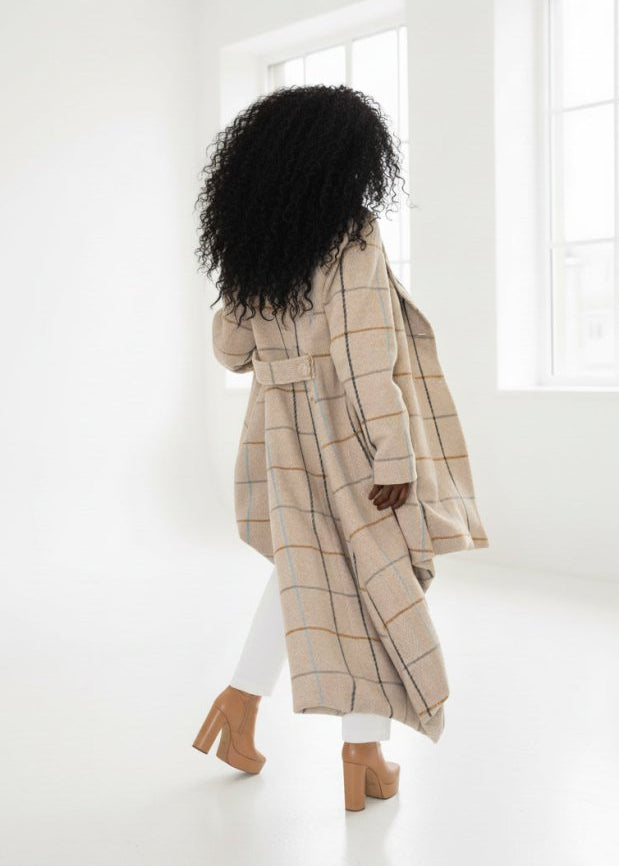 Plaid High - Low Coat, Double - Breasted Asymmetrical Fit Albena - EUG Fashion