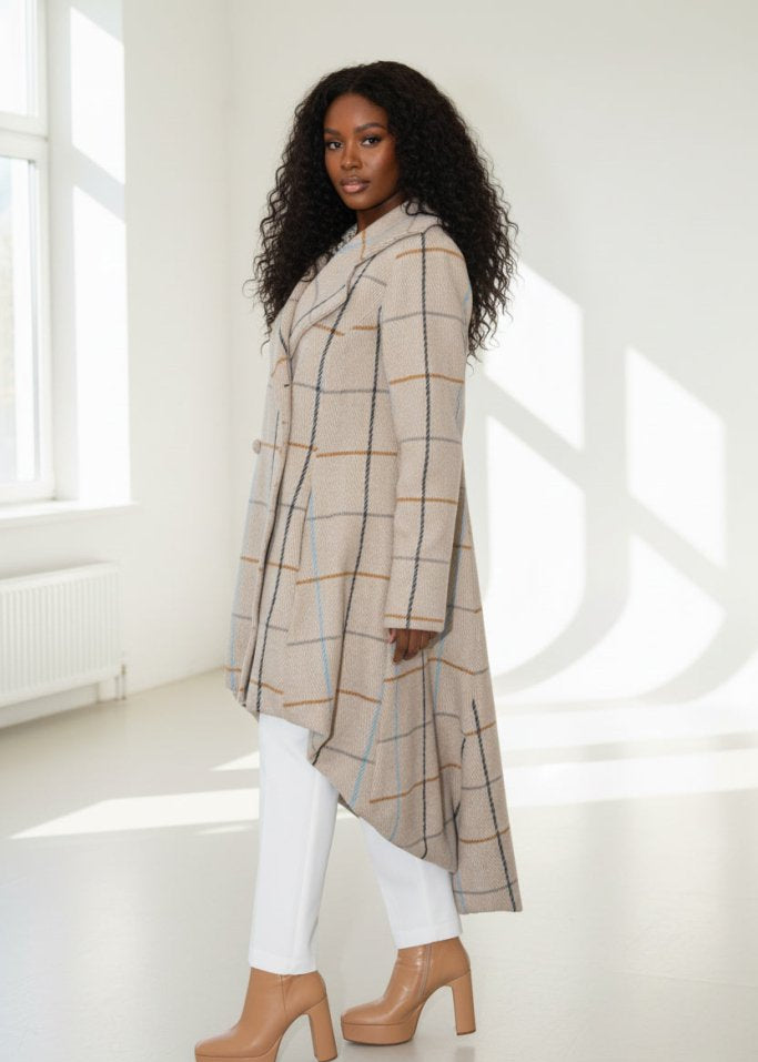 Plaid High - Low Coat, Double - Breasted Asymmetrical Fit Albena - EUG Fashion