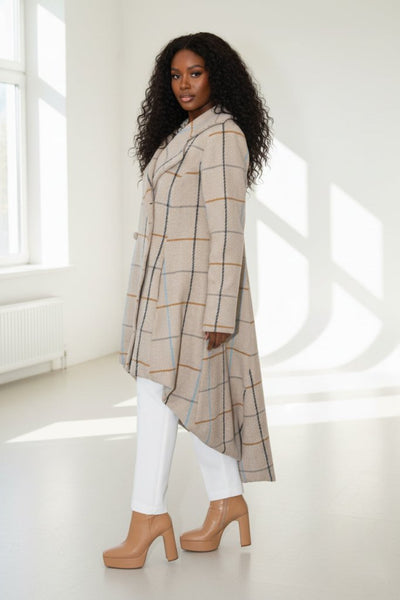 Plaid High - Low Coat, Double - Breasted Asymmetrical Fit Albena - EUG Fashion EugFashion 