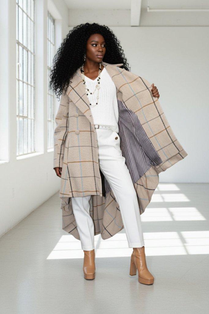 Plaid High - Low Coat, Double - Breasted Asymmetrical Fit Albena - EUG Fashion EugFashion 