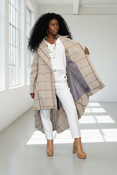 Plaid High - Low Coat, Double - Breasted Asymmetrical Fit Albena - EUG Fashion EugFashion 