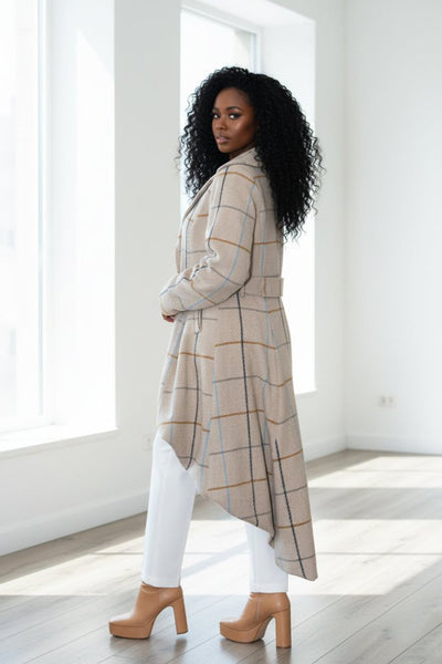 Plaid High - Low Coat, Double - Breasted Asymmetrical Fit Albena - EUG Fashion EugFashion 