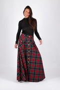 Red plaid A-line maxi skirt Katya with gold buttons and cargo pockets - EUG Fashion #plaid
