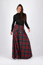 Red plaid A-line maxi skirt Katya with gold buttons and cargo pockets - EUG Fashion #plaid
