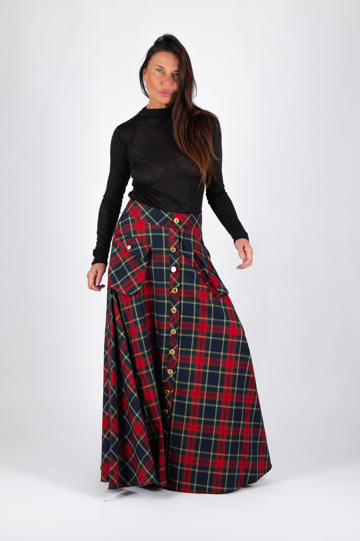 Red plaid A-line maxi skirt Katya with gold buttons and cargo pockets - EUG Fashion #plaid
