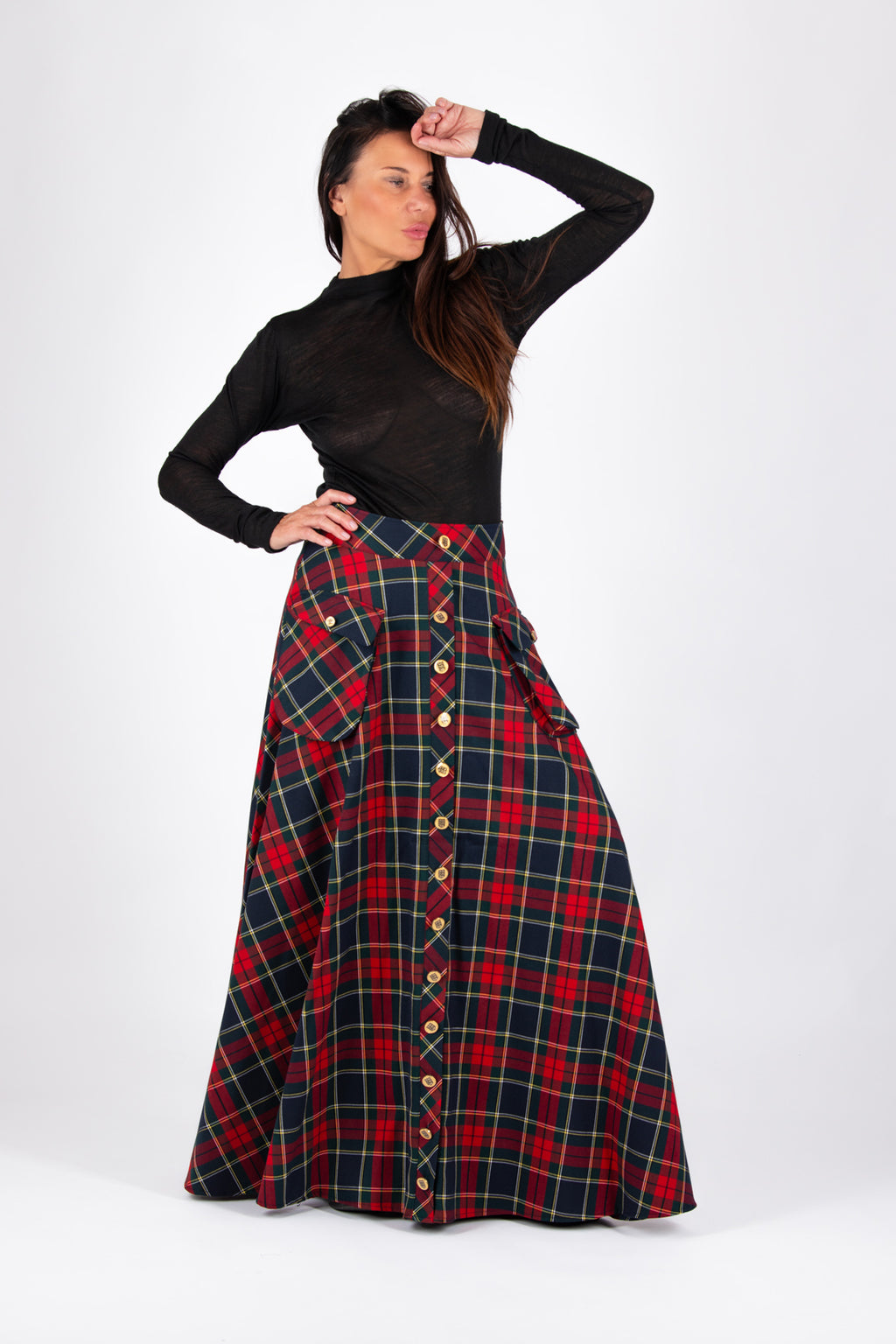 Red plaid A-line maxi skirt Katya with gold buttons and cargo pockets - EUG Fashion #plaid
