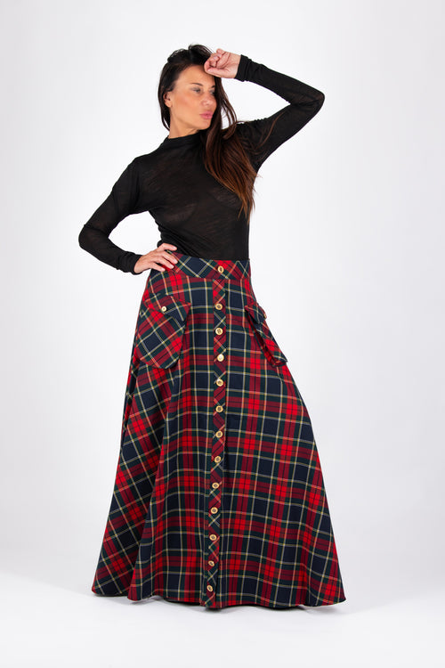 Red plaid A-line maxi skirt Katya with gold buttons and cargo pockets - EUG Fashion #plaid
