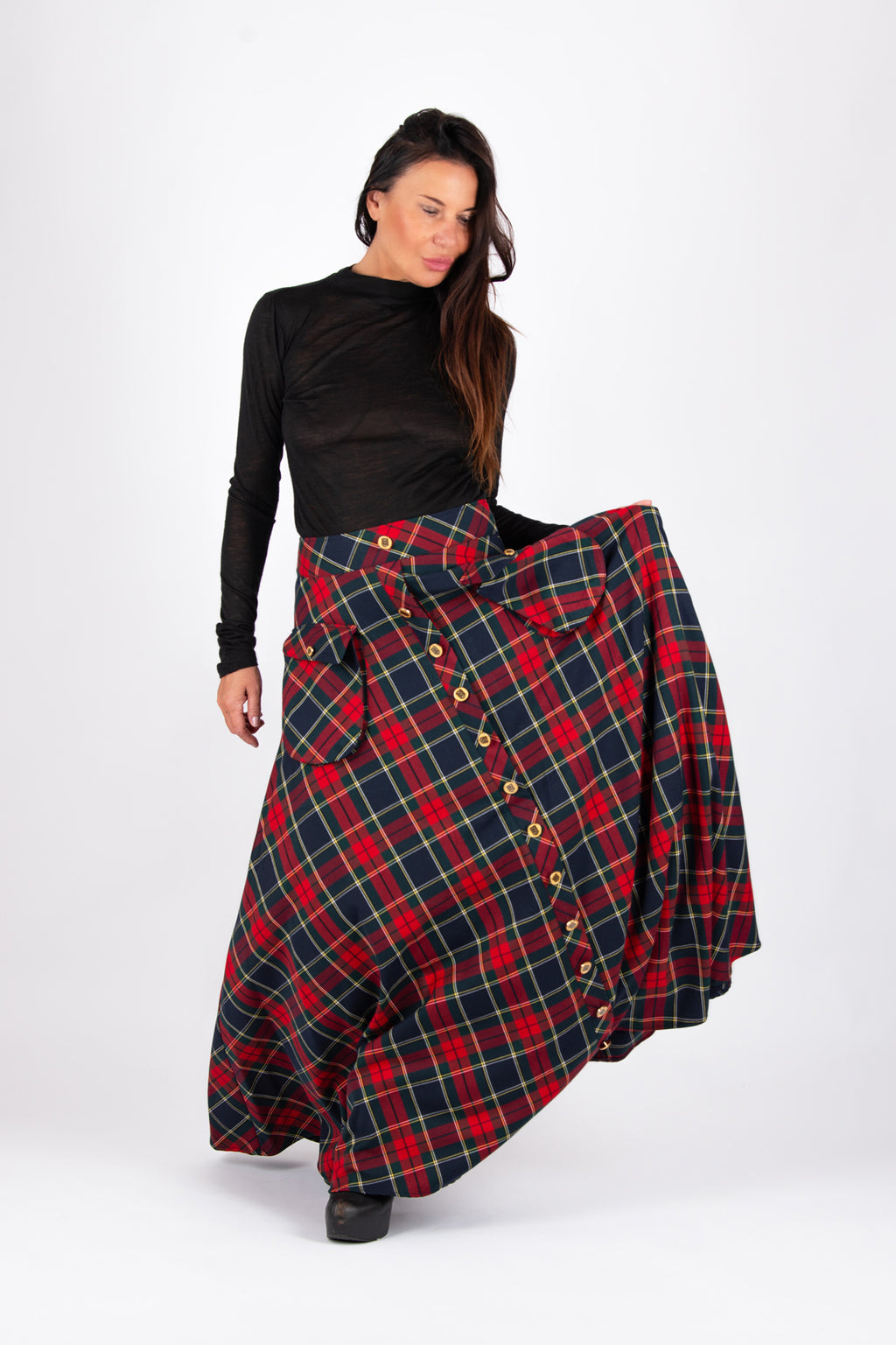 Red plaid A-line maxi skirt Katya with gold buttons and cargo pockets - EUG Fashion #plaid
