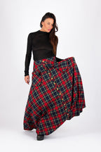 Red plaid A-line maxi skirt Katya with gold buttons and cargo pockets - EUG Fashion #plaid
