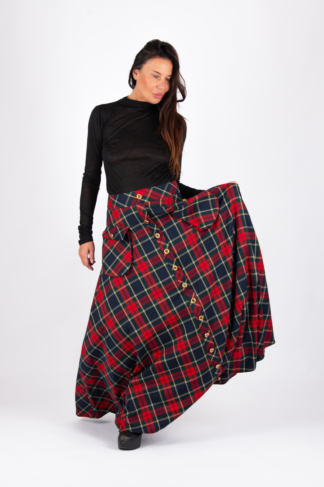 Red plaid A-line maxi skirt Katya with gold buttons and cargo pockets - EUG Fashion #plaid

