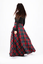 Red plaid A-line maxi skirt Katya with gold buttons and cargo pockets - EUG Fashion #plaid
