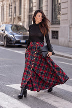 Red plaid A-line maxi skirt Katya with gold buttons and cargo pockets - EUG Fashion #plaid