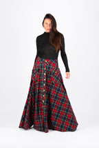 Red plaid A-line maxi skirt Katya with gold buttons and cargo pockets - EUG Fashion #plaid

