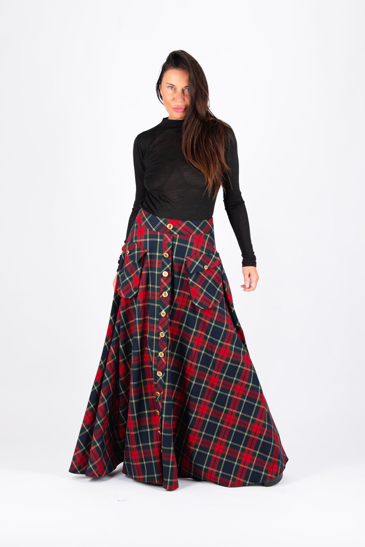 Red plaid A-line maxi skirt Katya with gold buttons and cargo pockets - EUG Fashion #plaid
