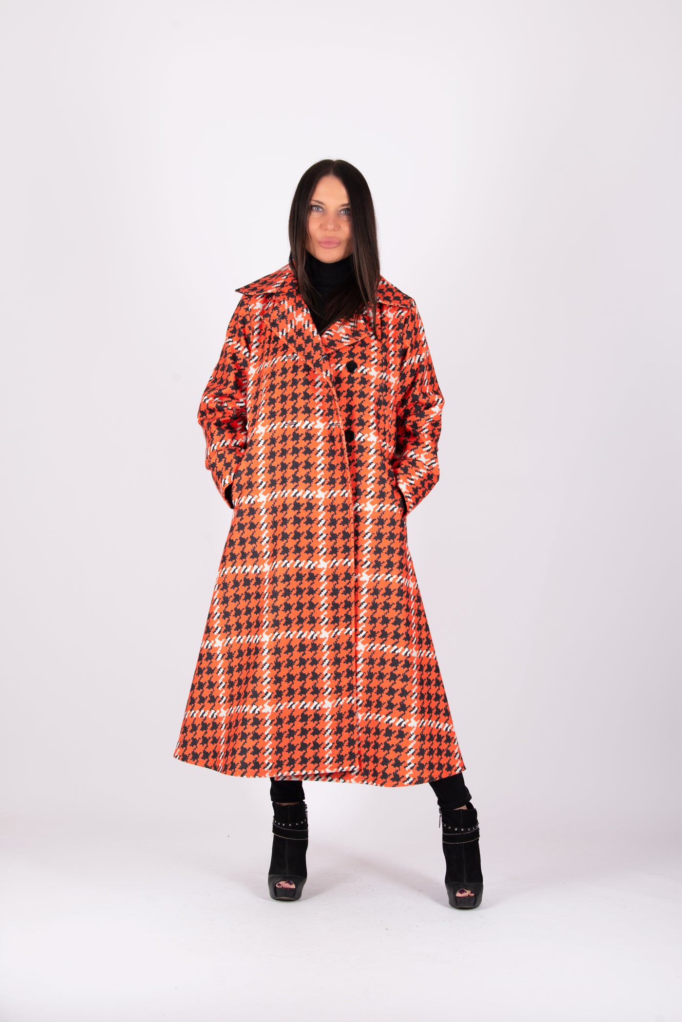 Orange Houndstooth Long Coat  Kiara – Final Sale EugFashion 