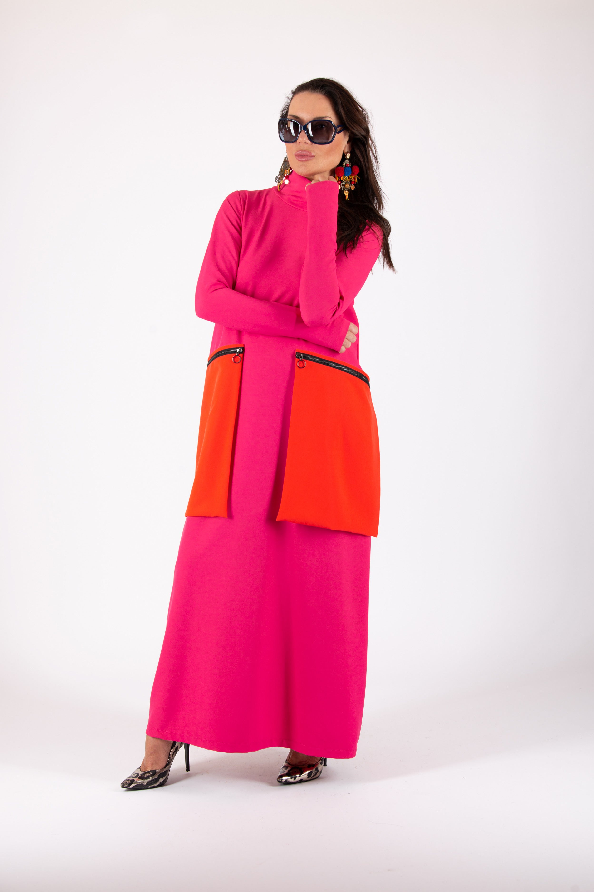 Hot pink colorblock punto milano dress Lena - EUG Fashion
