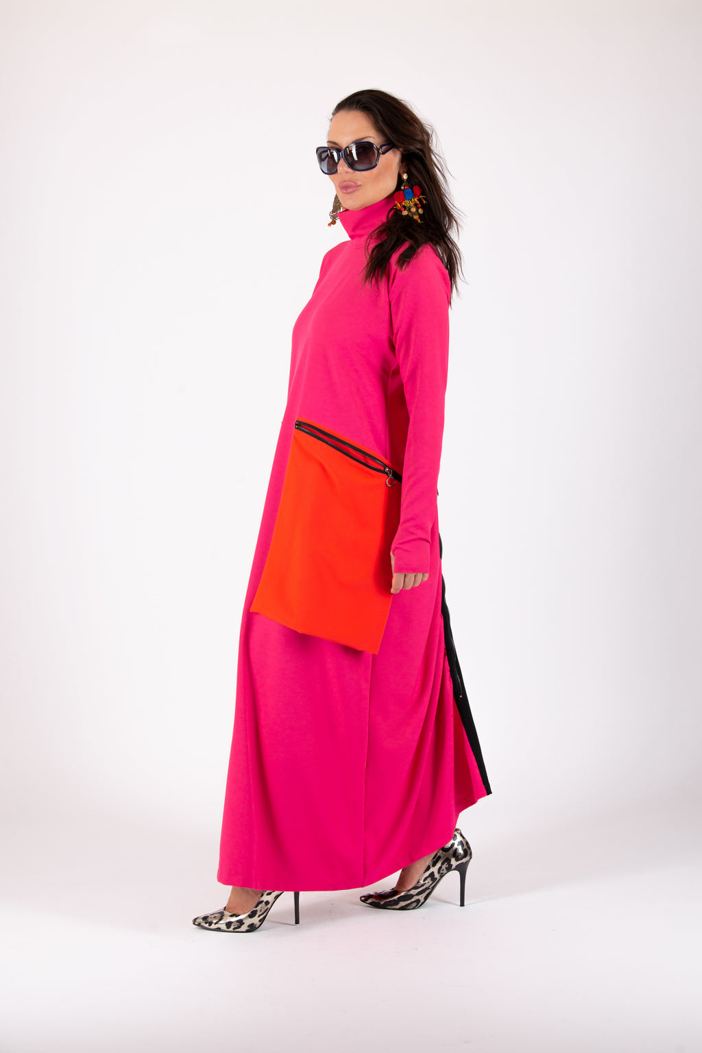 Hot pink colorblock punto milano dress Lena - EUG Fashion
