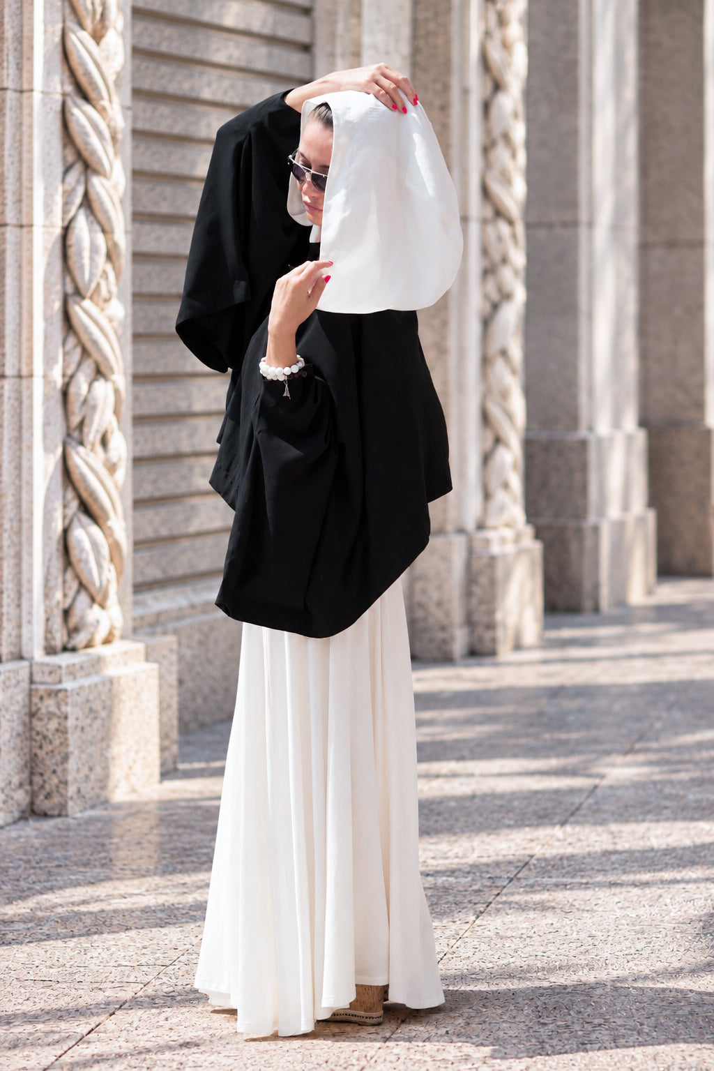 Black short cotton viscose poncho with white hood and very wide sleeves - lightweight cape, Anastasia | EUG Fashion #black
