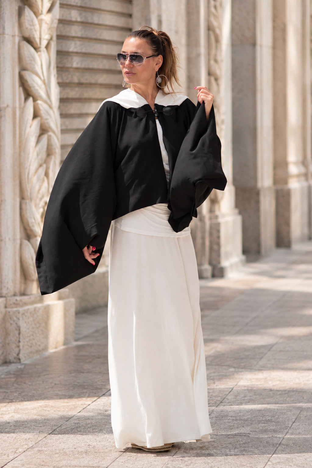 Black short cotton viscose poncho with white hood and very wide sleeves - lightweight cape, Anastasia | EUG Fashion #black

