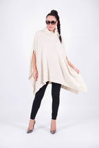 Off-white warm patterned knit poncho with turtleneck and arm openings - elegant over dresses, Eva | EUG Fashion #off-white
