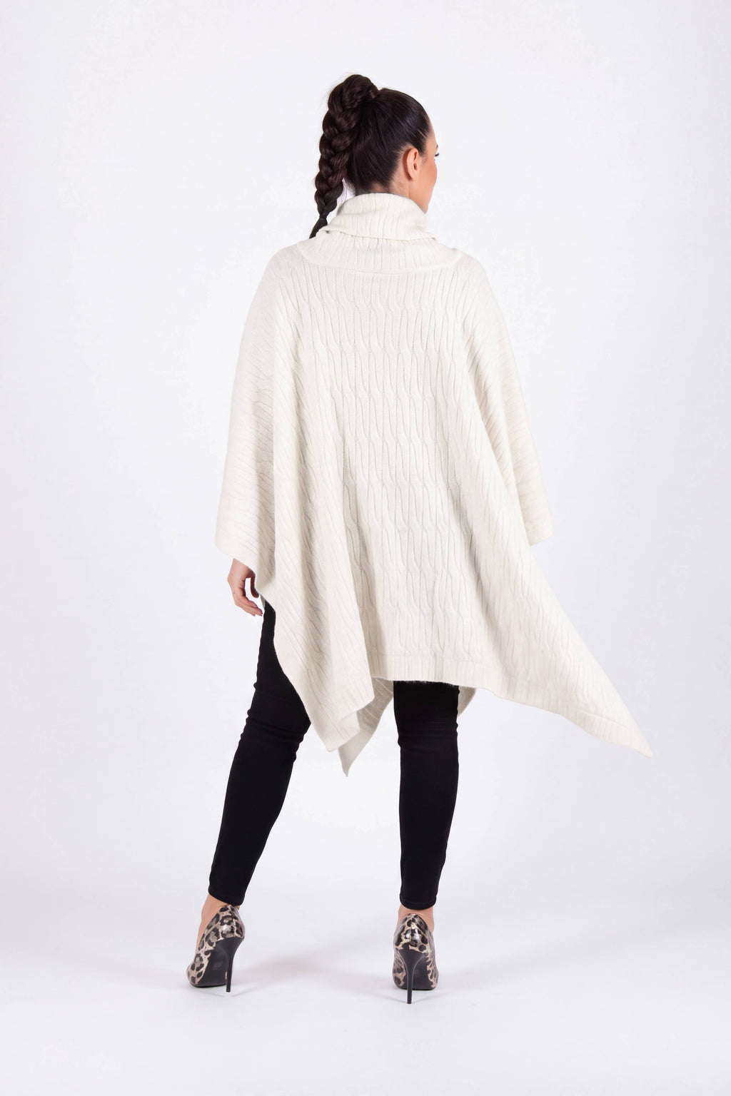 Off-white warm patterned knit poncho with turtleneck and arm openings - elegant over dresses, Eva | EUG Fashion #off-white
