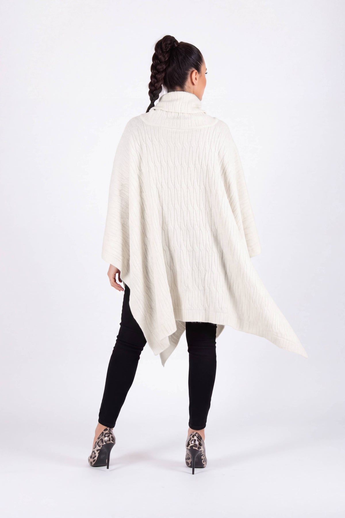 Off-white warm patterned knit poncho with turtleneck and arm openings - elegant over dresses, Eva | EUG Fashion #off-white
