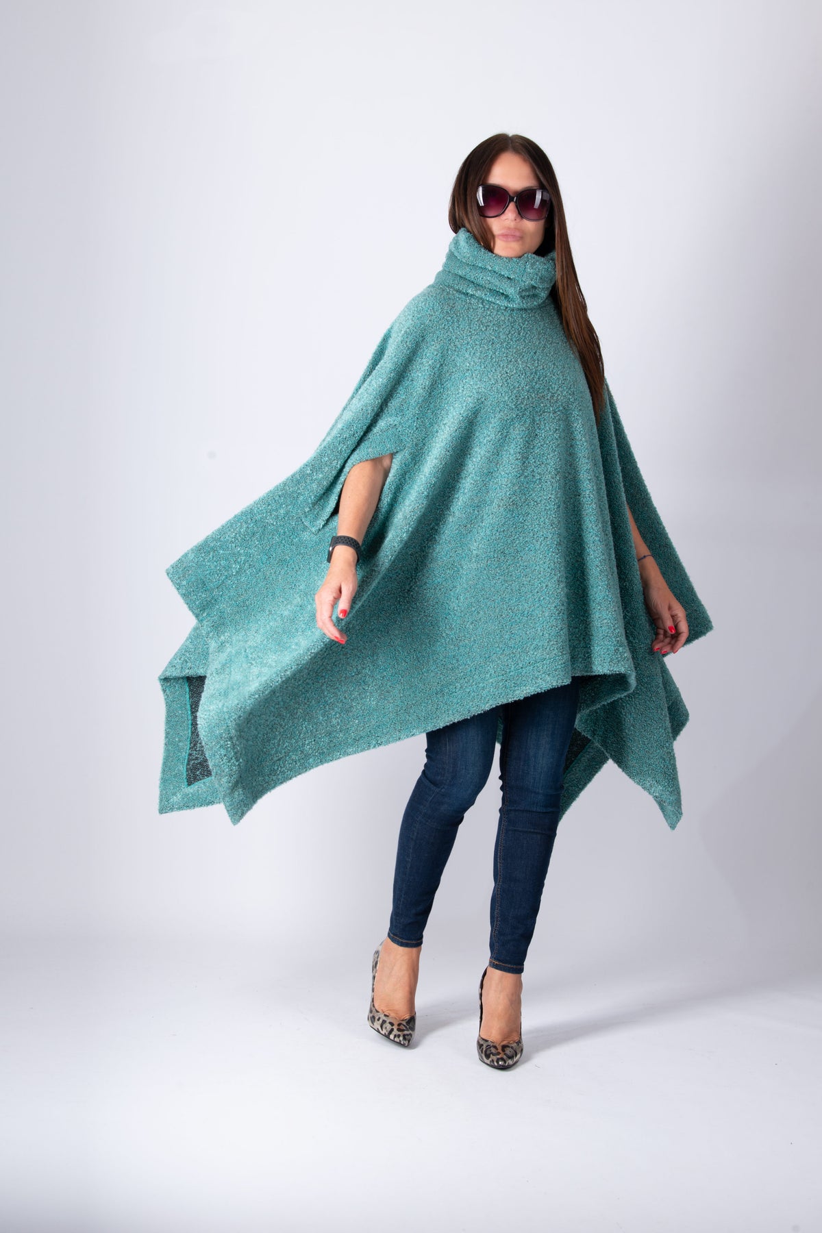 Light blue soft bouclé knitted poncho with turtleneck and asymmetric arm openings - relaxed silhouette, Eva | EUG Fashion #light-blue
