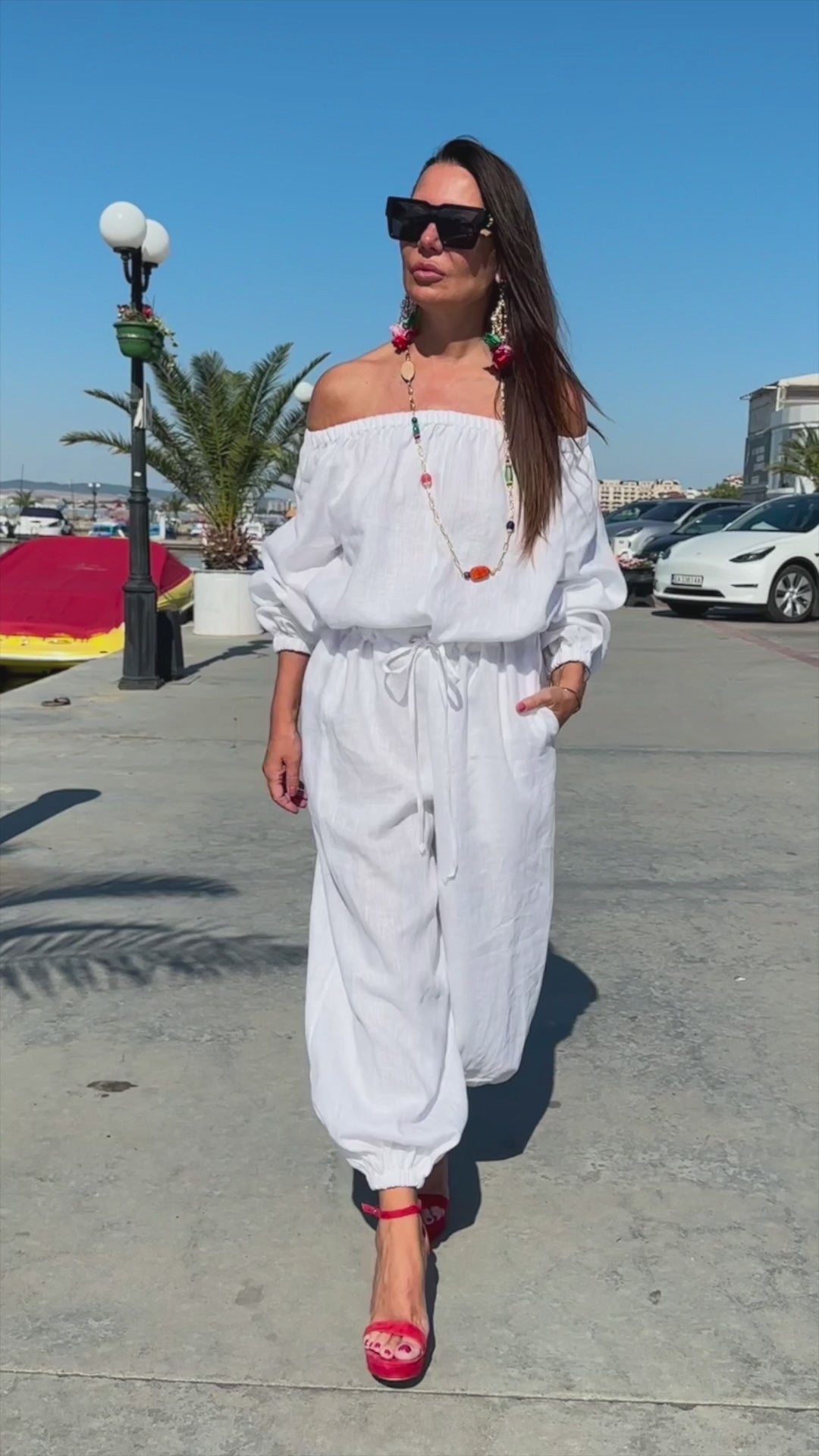 linen off shoulders jumpsuit #white