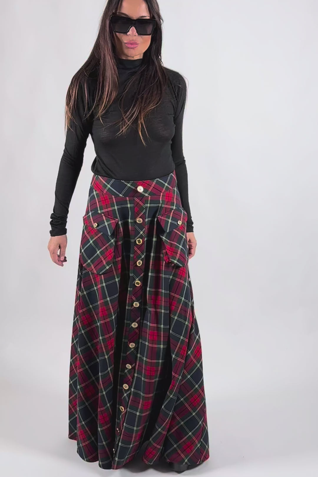Red plaid A-line maxi skirt Katya with gold buttons and cargo pockets - EUG Fashion #plaid
