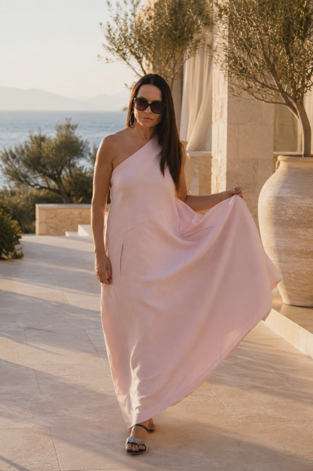 one shoulder linen dress #pink