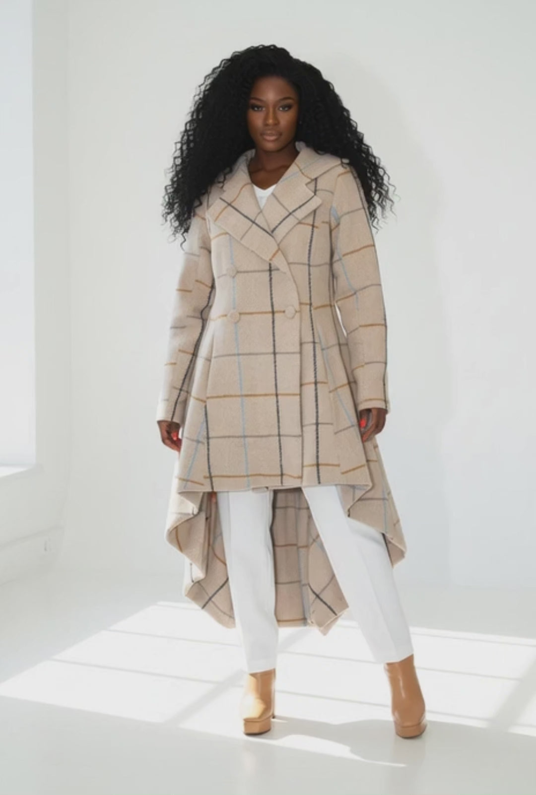 Plaid High-Low Coat, Double-Breasted Asymmetrical Fit Albena EugFashion 