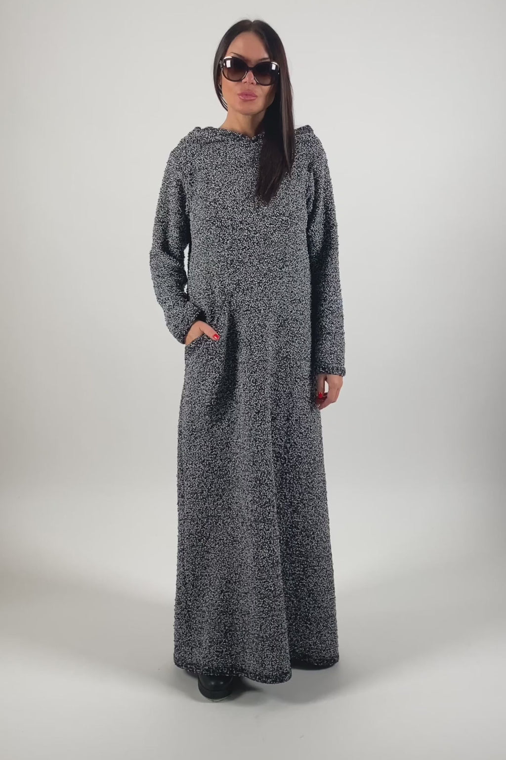Dark grey hooded bouclé maxi dress Linda with reverse fabric back detail - EUG Fashion #dark-grey