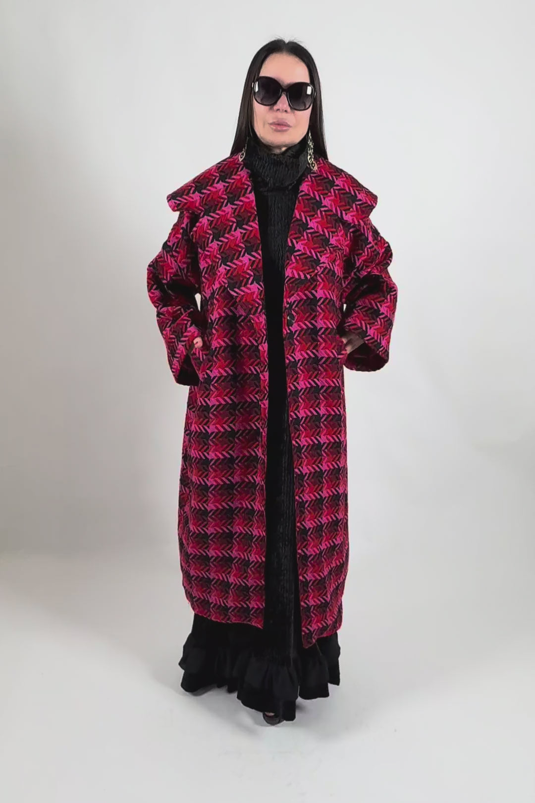 Hot pink houndstooth cape coat Siri with shawl collar - EUG Fashion #hot-pink
