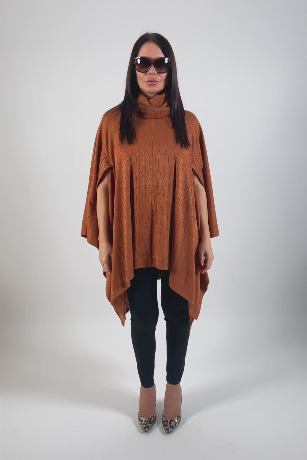 Brown warm patterned knit poncho with turtleneck and arm openings - elegant over dresses, Eva | EUG Fashion #brown
