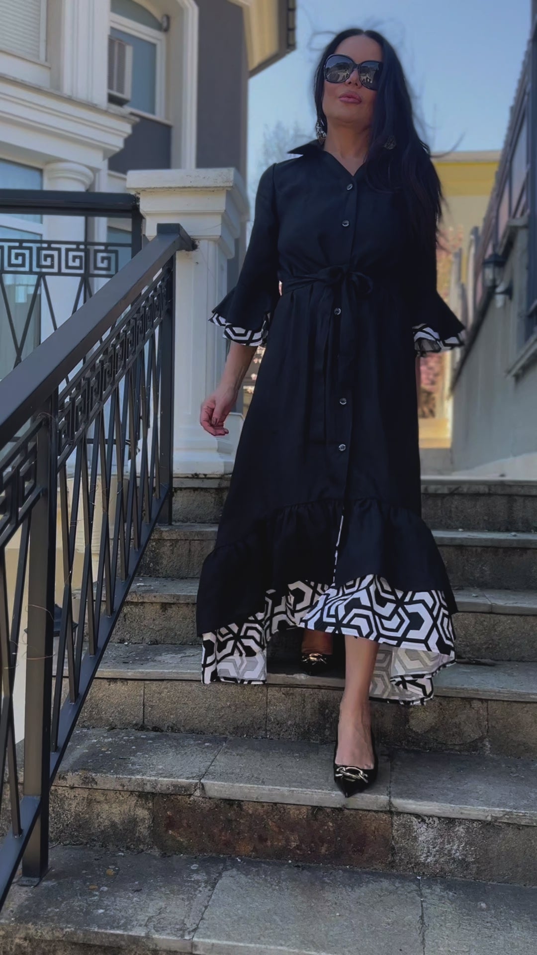 Linen Black Flounces Dress SALEM EugFashion 