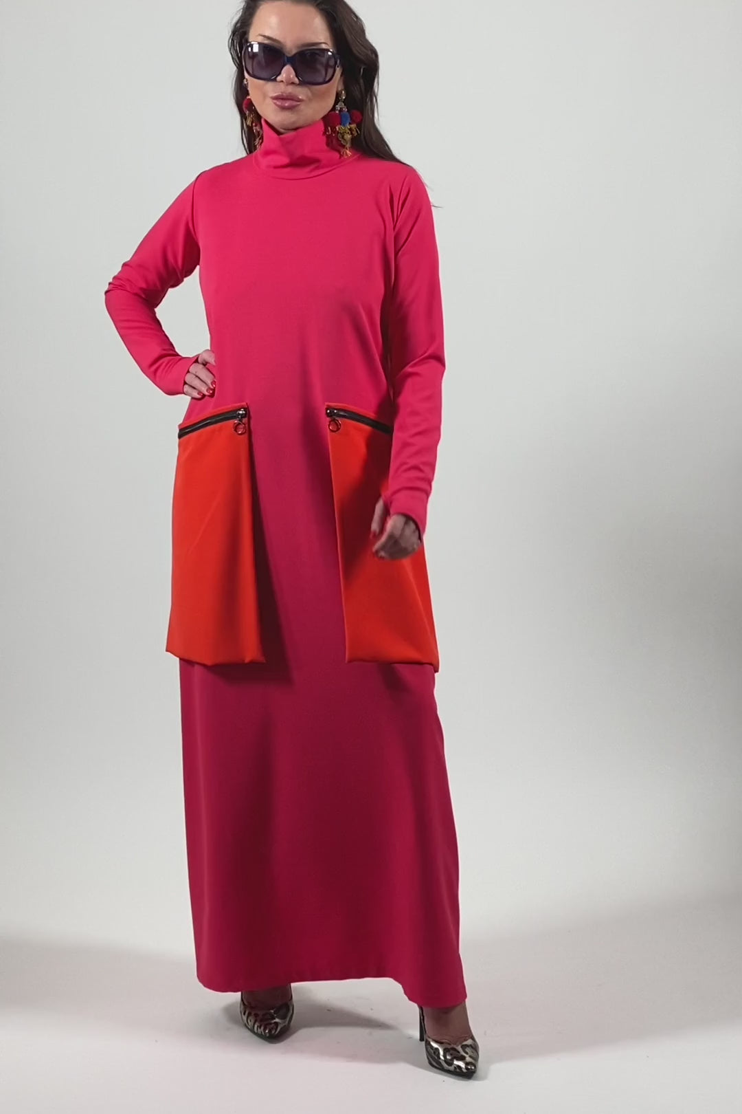 Hot pink colorblock punto milano dress Lena with black back and orange pockets - EUG Fashion #hot-pink