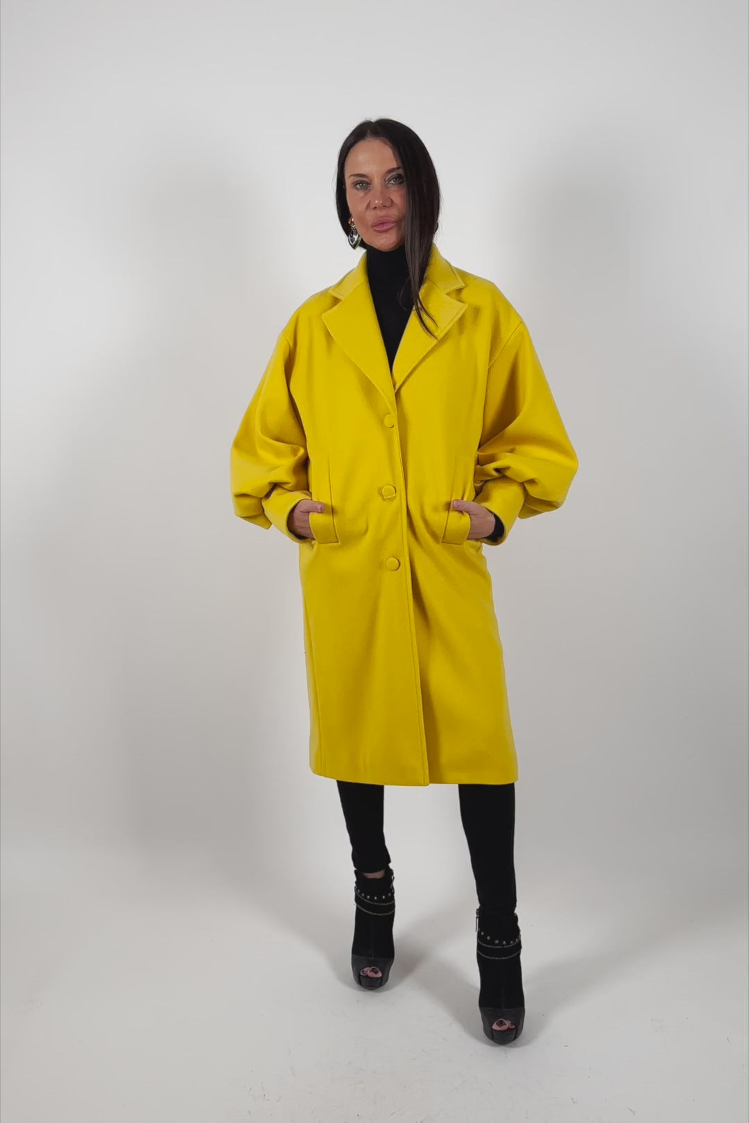 Yellow cashmere-feel coat with puff sleeves and lapel collar - button closure, lined side pockets, Pasha | EUG Fashion #yellow
