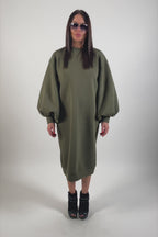 Military green wadded cotton sweatshirt dress with bishop sleeves and side pockets - wide long silhouette, Karina | EUG Fashion #military-green
