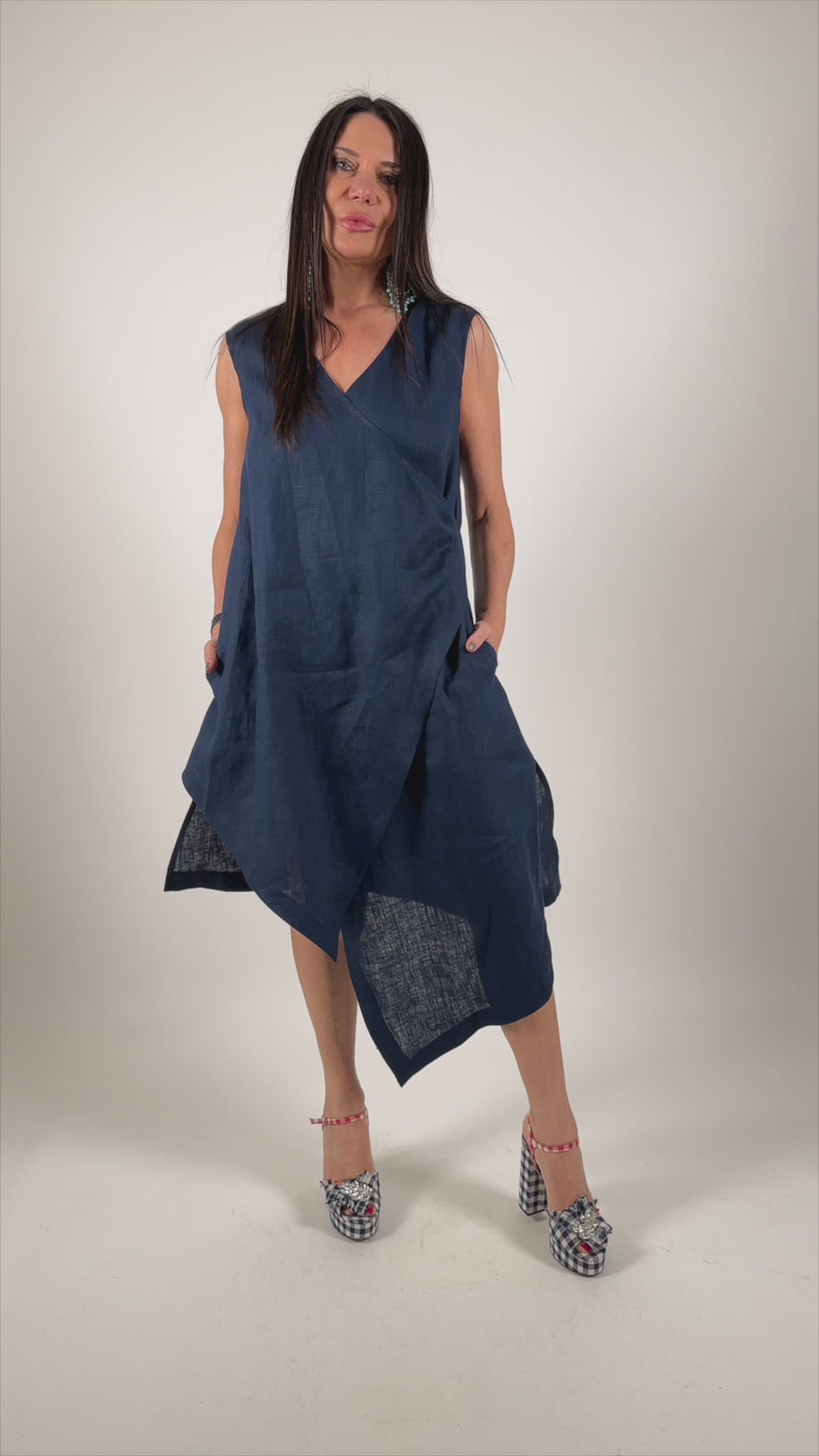 woman linen blue top long