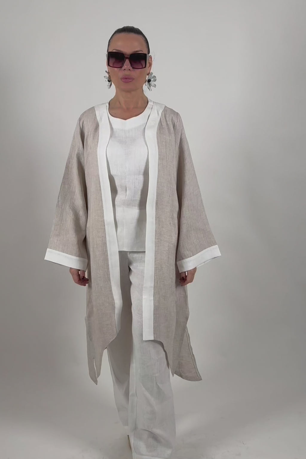 Natural wide linen vest with white trim on front and cuffs - wide sleeves, Genoa | EUG Fashion #natural
